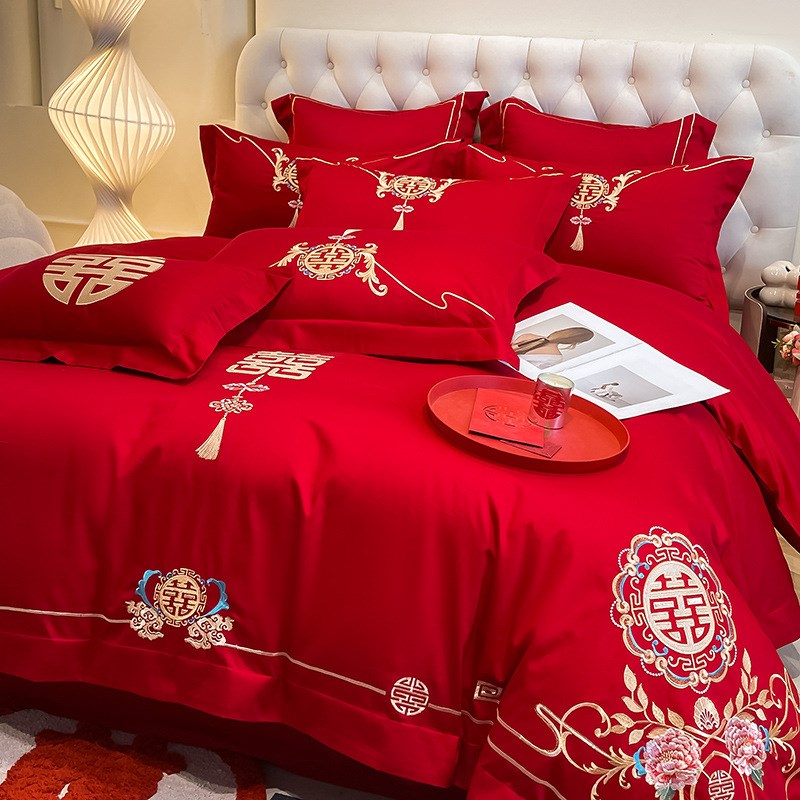 中式婚庆亲肤磨毛四件套红色刺绣婚房礼绣花喜被结婚被套床上用品