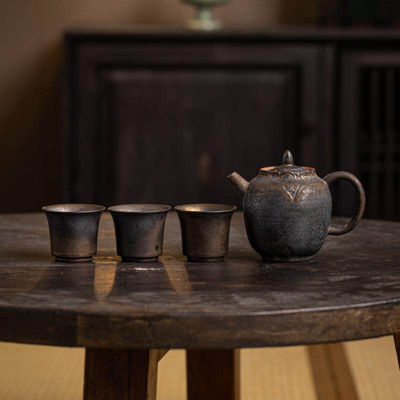 铁锈釉一壶三杯茶具套装怀旧复古粗陶窑变茶具家用泡茶具送长辈