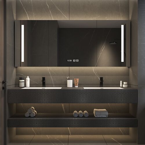 设计师定制双层岩板无缝陶瓷盆浴室柜轻奢卫生间洗手台简约洗漱台