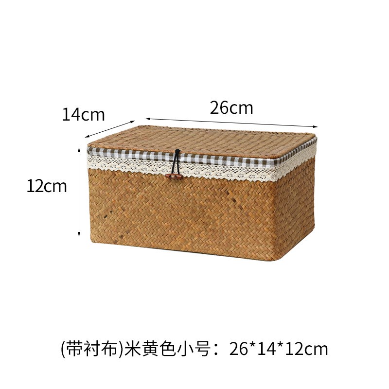 J6DA海草编织篮收纳箱收纳盒整理箱竹篮藤编收纳筐竹编篮带盖藤筐