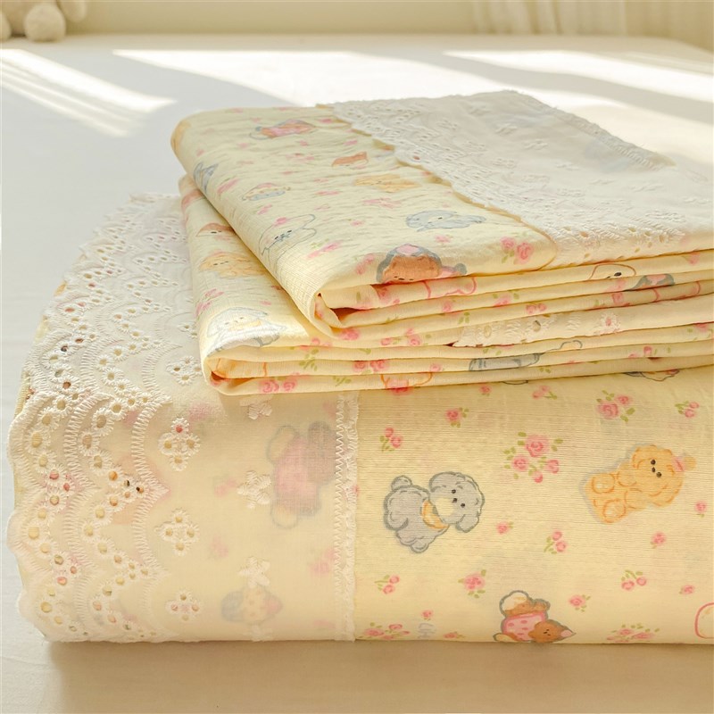 木棉皱皱纱床单花边款床单三件套少女公主风裸睡床单学生宿舍被单