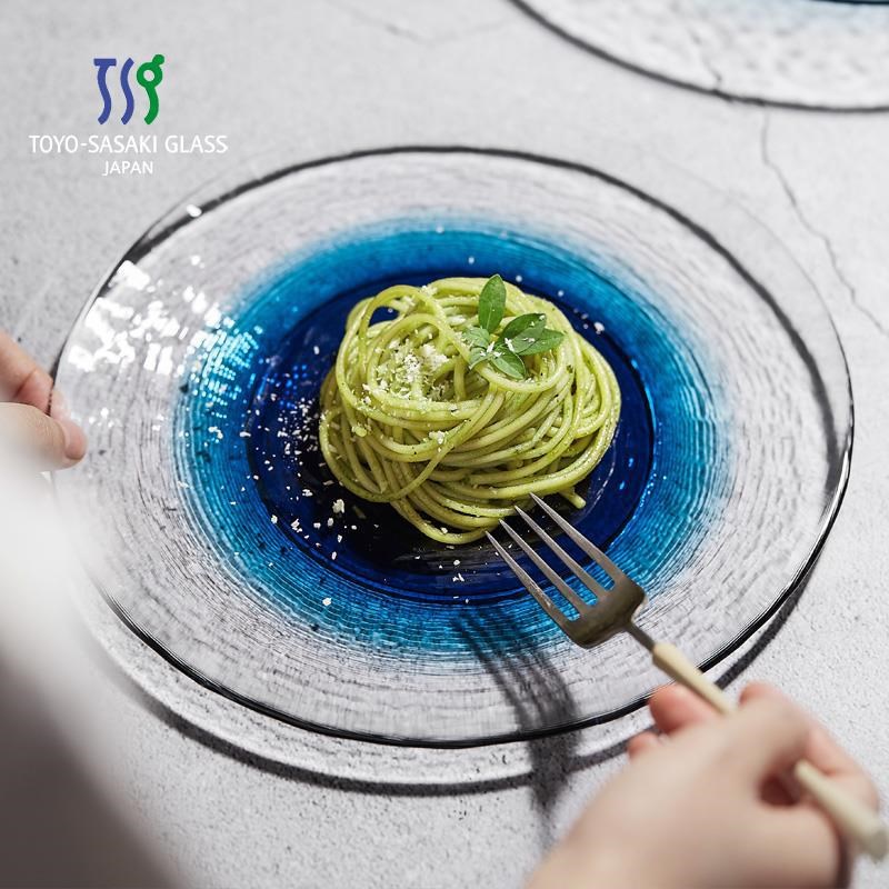 进口东洋佐佐木玻璃果盘餐具西餐平盘家用汤盘海洋蓝浅盘子