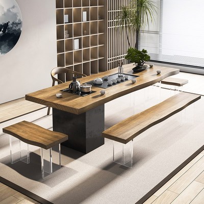 大板实木茶桌带柜子茶盘茶台一体办公室客厅亚克力泡茶桌椅组合