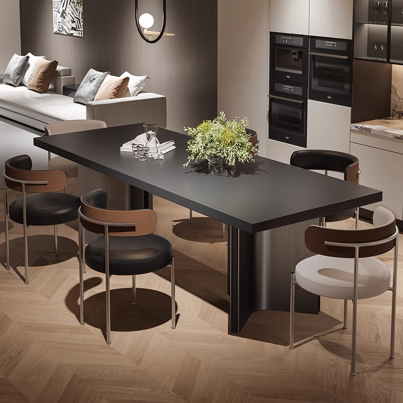 意式简约现代复古风纯黑下挂岩板餐桌椅组合大户型茶桌大板桌岛台