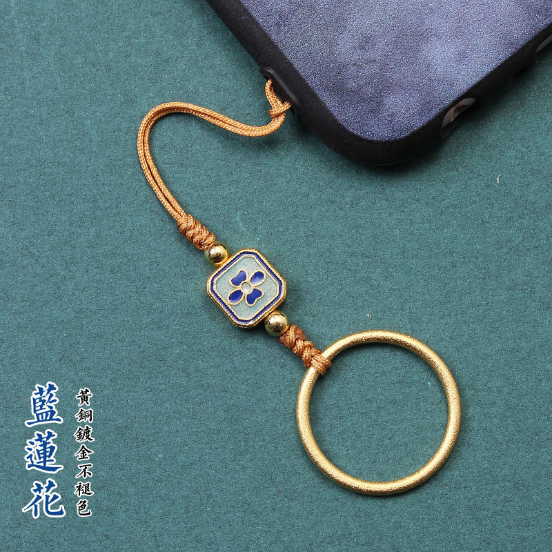 黄铜指环扣手机挂饰蓝莲花钥匙小挂件绳链男女金属吊坠红色古法金
