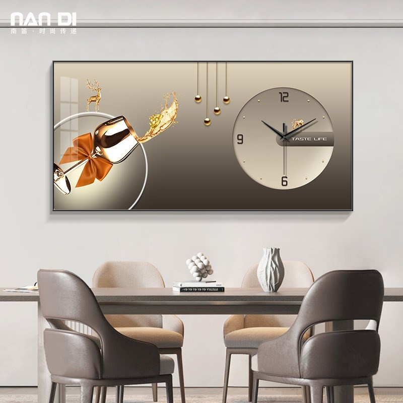 现代轻奢餐厅装饰画钟表挂钟客厅饭厅餐桌背景墙挂画酒杯艺术时钟