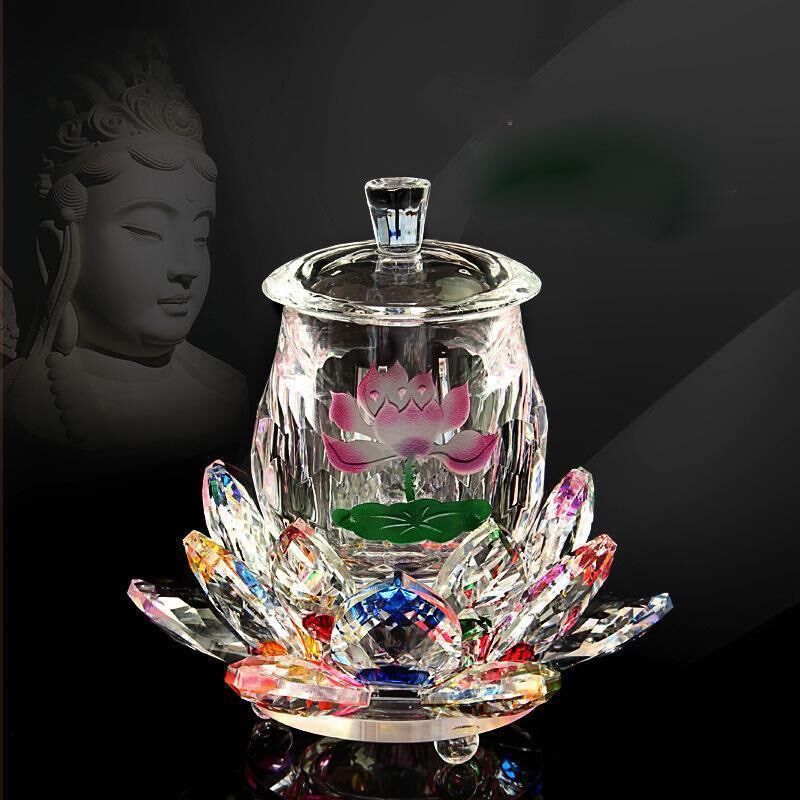 好财气 荷花水杯贡品供水杯 水晶七彩莲花杯 玻璃圣水杯 净水杯
