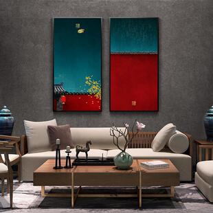 新中式客厅装饰画红色中国风样板间书房油画大气禅意玄关故宫墙画