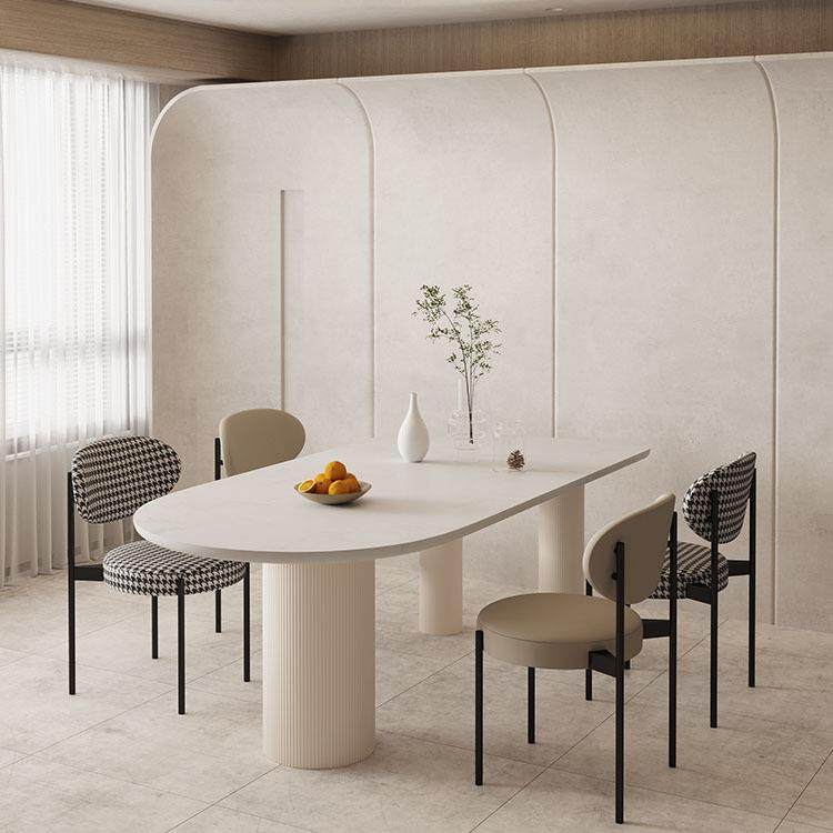 水磨石岛台餐桌一体异形半圆弧大理石饭桌白色奶油系桌子吃饭家用