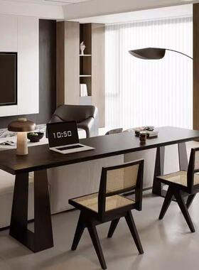 极办简黑色实木书客桌双人家用阅读桌公桌横厅沙PLI发后长条桌轻