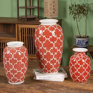 红色陶花摆件中新式客厅玄关装饰北欧仿瓶真花插花花瓶AWN可瓷水