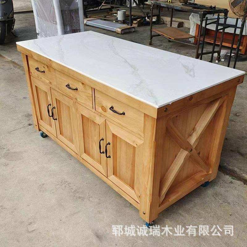 北欧老榆木岛台可移动厨房料理台实木餐边柜锅碗瓢盆餐具柜储物柜