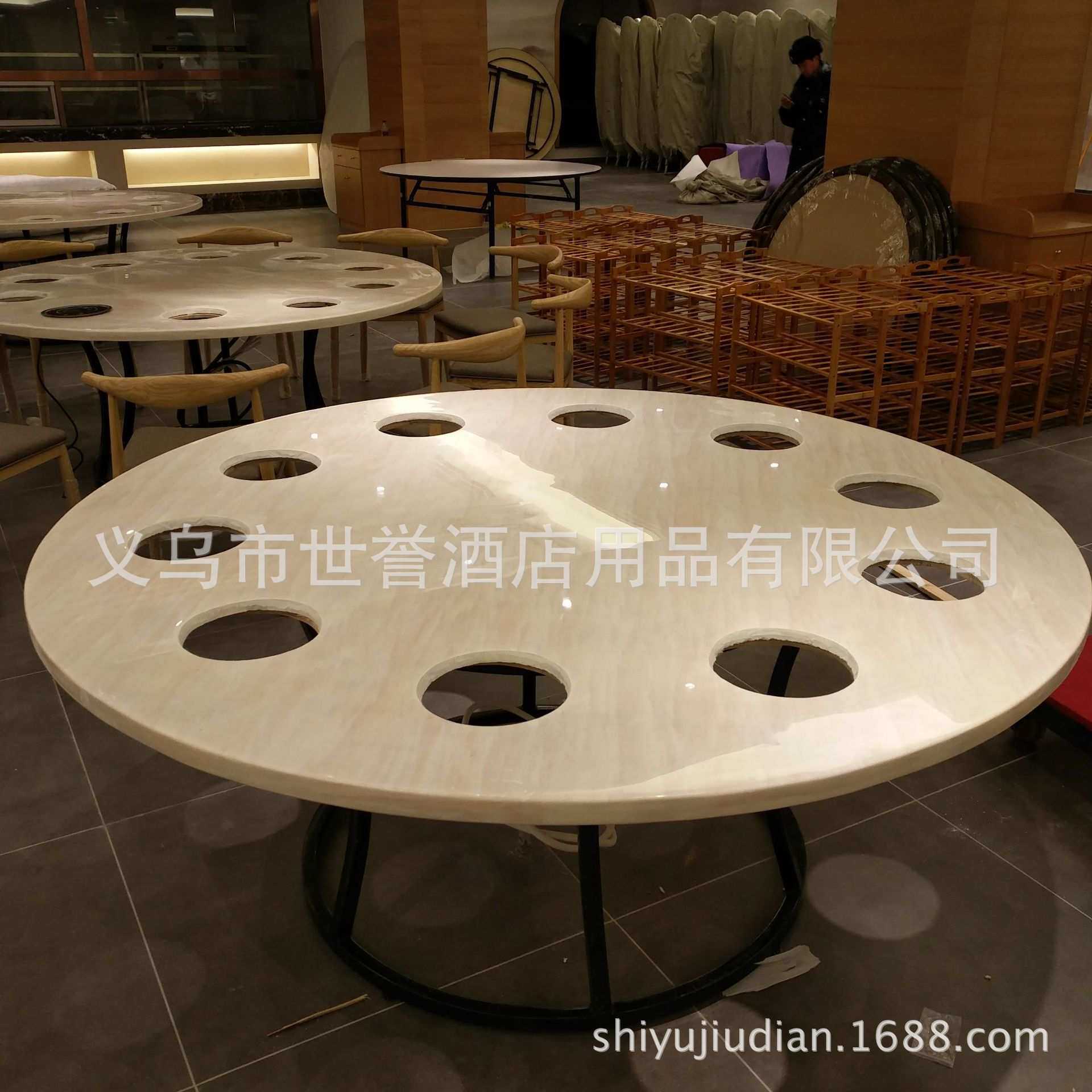 嘉兴湖州火锅店人造大理石餐桌骨头煲火锅桌椅下沉式电池炉火锅桌