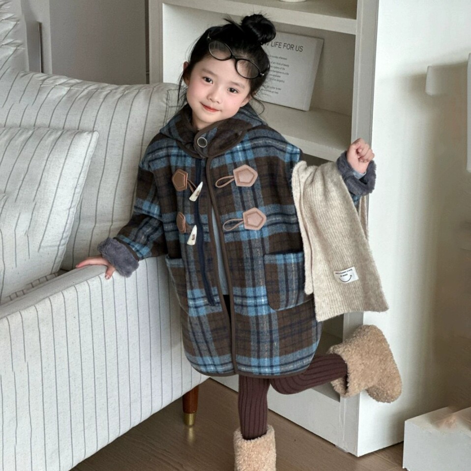 儿童2025秋冬款男女童韩版格子连帽一体绒大衣儿童休闲中长款童装
