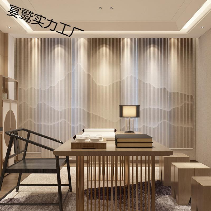中式窗帘办公室卷帘软隔断挂式屏风茶室多层电动升降帘布艺半