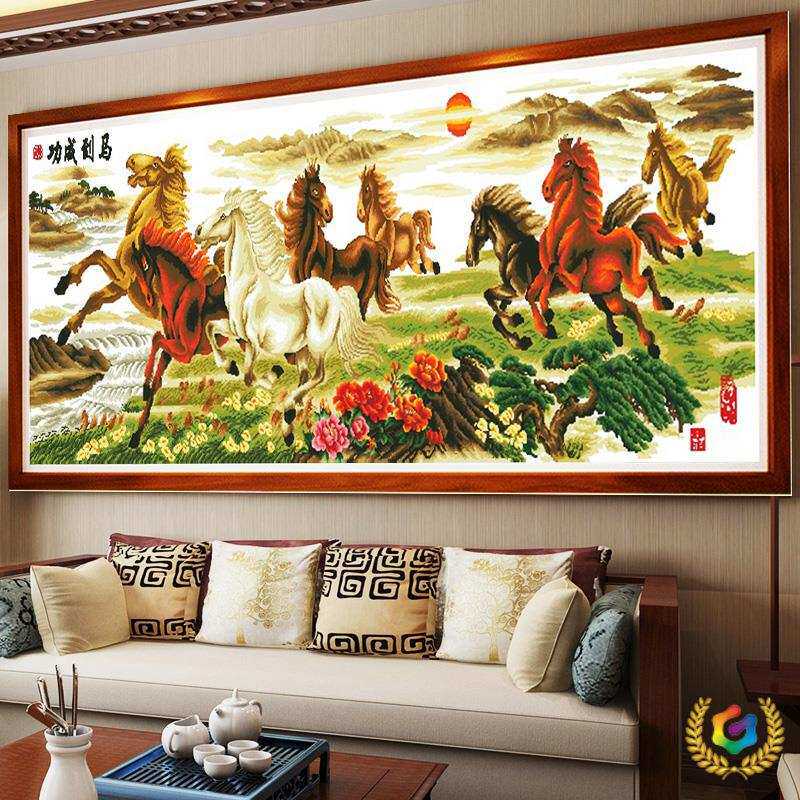 ?电脑机绣十字绣成品马到成功八骏图新款客厅现代大幅风景山水画