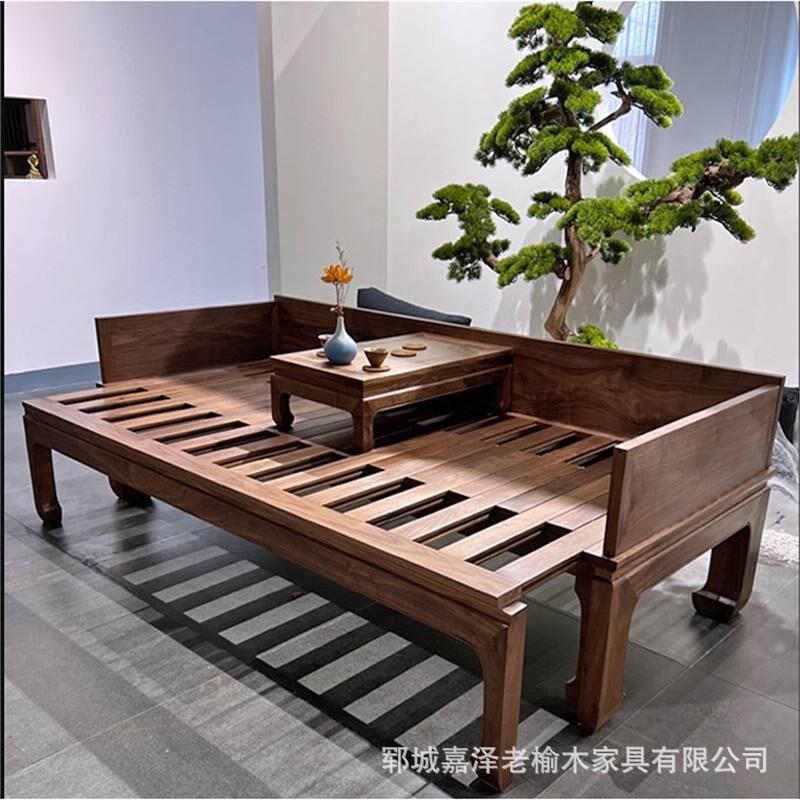 老榆木罗汉床客厅推拉式新中式实木沙发床两用贵妃榻家用实木床