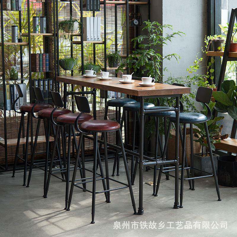 美式复古实木吧台桌创意多人餐厅水管铁艺高脚桌靠墙窄长条桌椅
