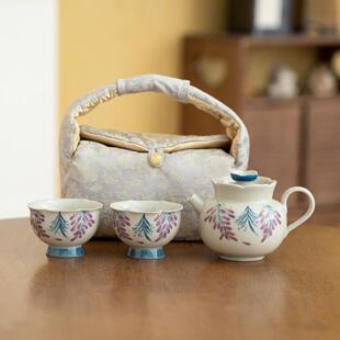 新中式便携旅行茶具一壶两杯收纳袋户外手提布包茶杯茶壶手绘紫藤