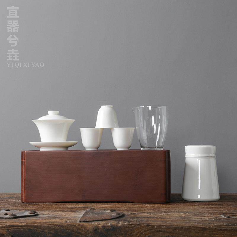 旅行车载茶具套组家用办公陶瓷猪油白盖碗茶杯公道杯竹茶盘套装