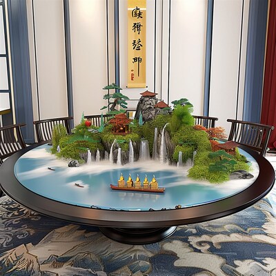 圆桌中间摆件徽派绿植工艺品迎客松转盘沙盘高端圆形艺术山水假花