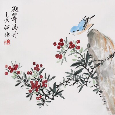 何冰国画手绘芭蕉小鸡樱桃花鸟画纸本绘画底稿装饰画书画作品真迹