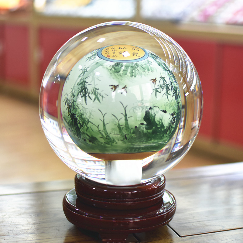 内画琉璃水晶球翠竹送领导客户礼品玻璃工艺品家居办公桌轻奢摆件