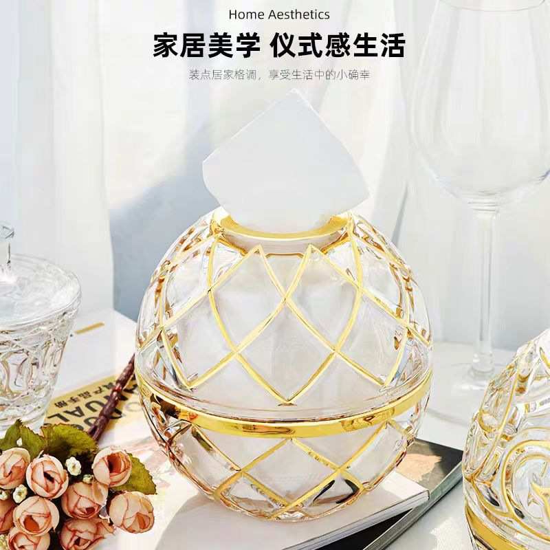 时尚奢华加厚水晶玻璃卷纸盒轻奢描金抽纸盒酒店家用桌面纸巾盒