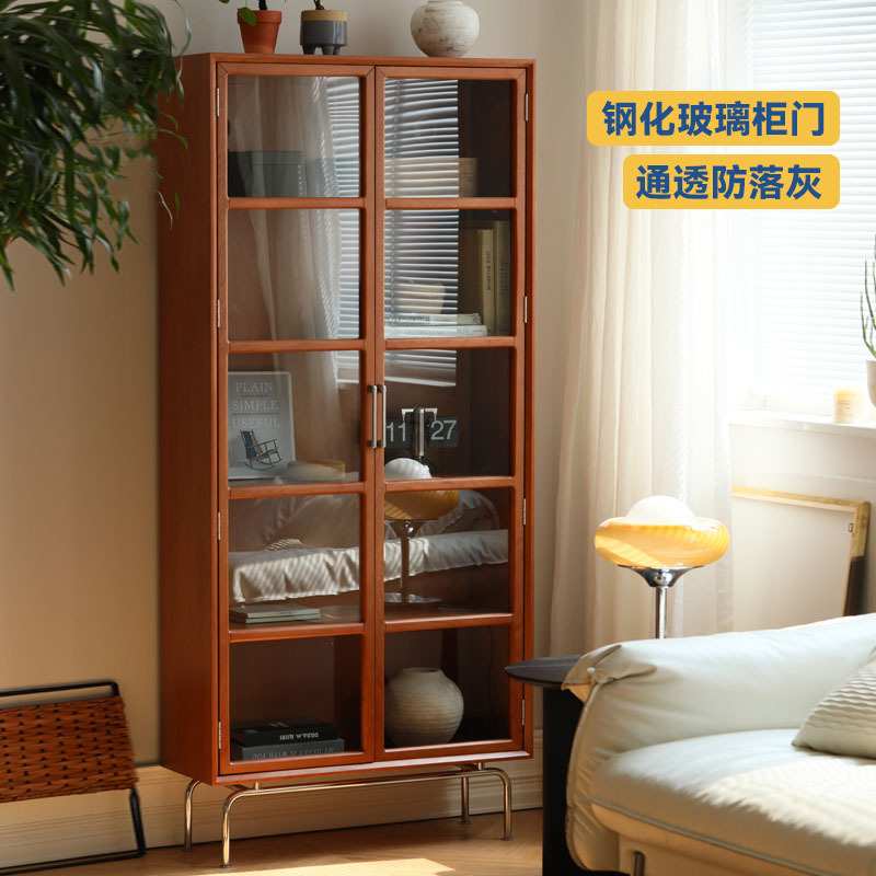 北欧实木书柜 家用小户型玻璃门展示柜书房中古收纳储物组合柜