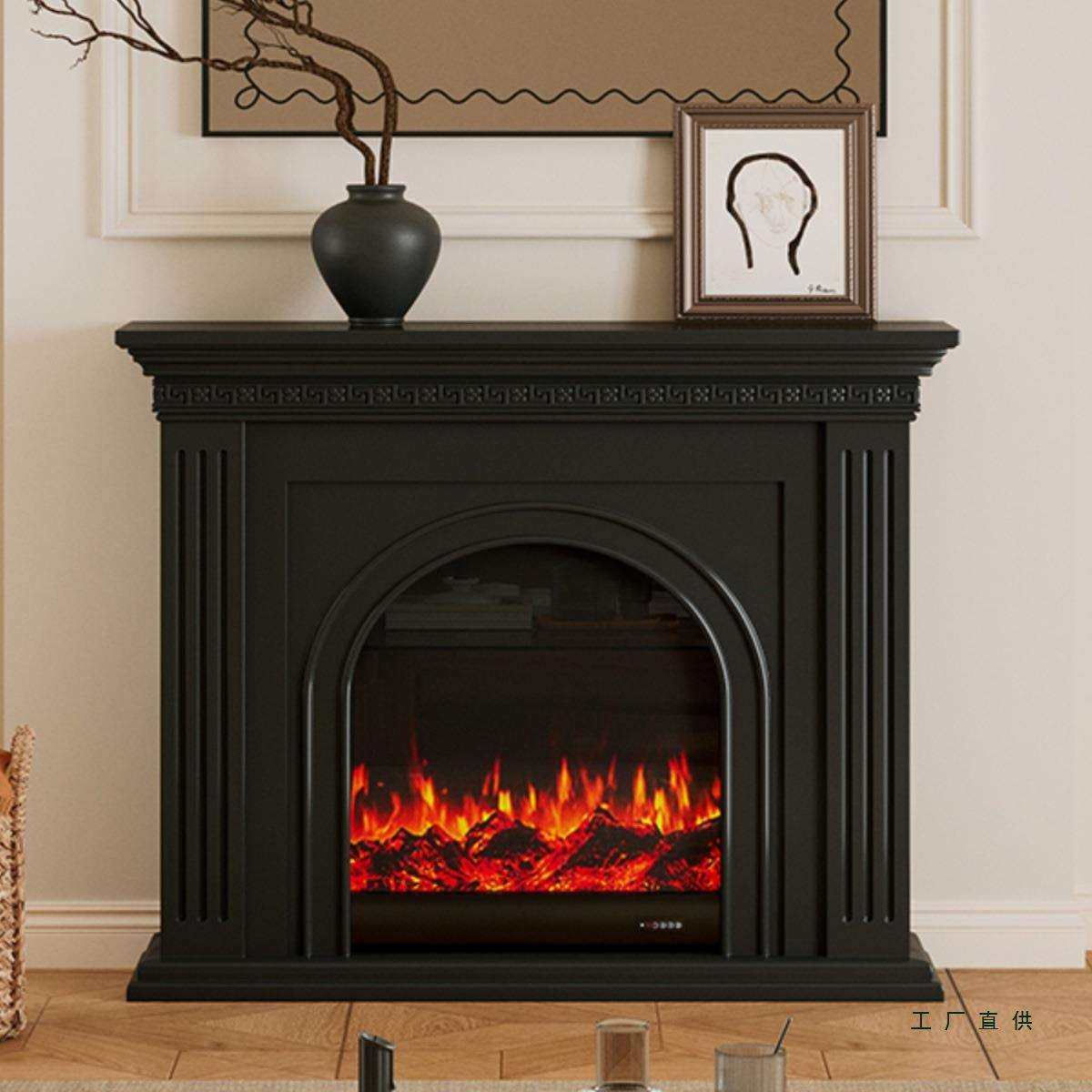中古壁炉柜取暖雕花法式壁炉仿真火装饰复古黑色网红玄关置物架