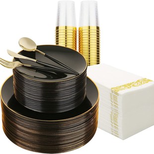 一次性黑色金边盘纯白塑料盘硬质金边西餐盘牛排盘 25个装 包邮