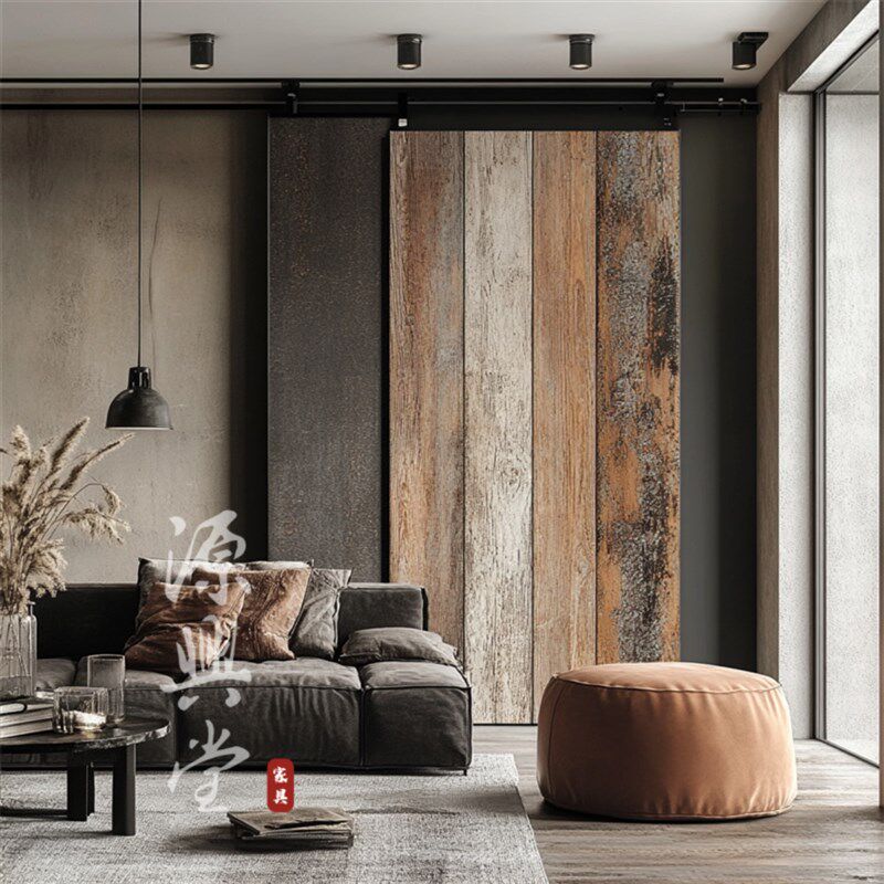 谷仓门推拉门 隐形吊轨门 侘寂风创意谷仓移门 实木背景墙装饰板
