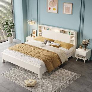 奶油风北欧现代简约白色实木床储物床1.8双人床家用主卧储物床