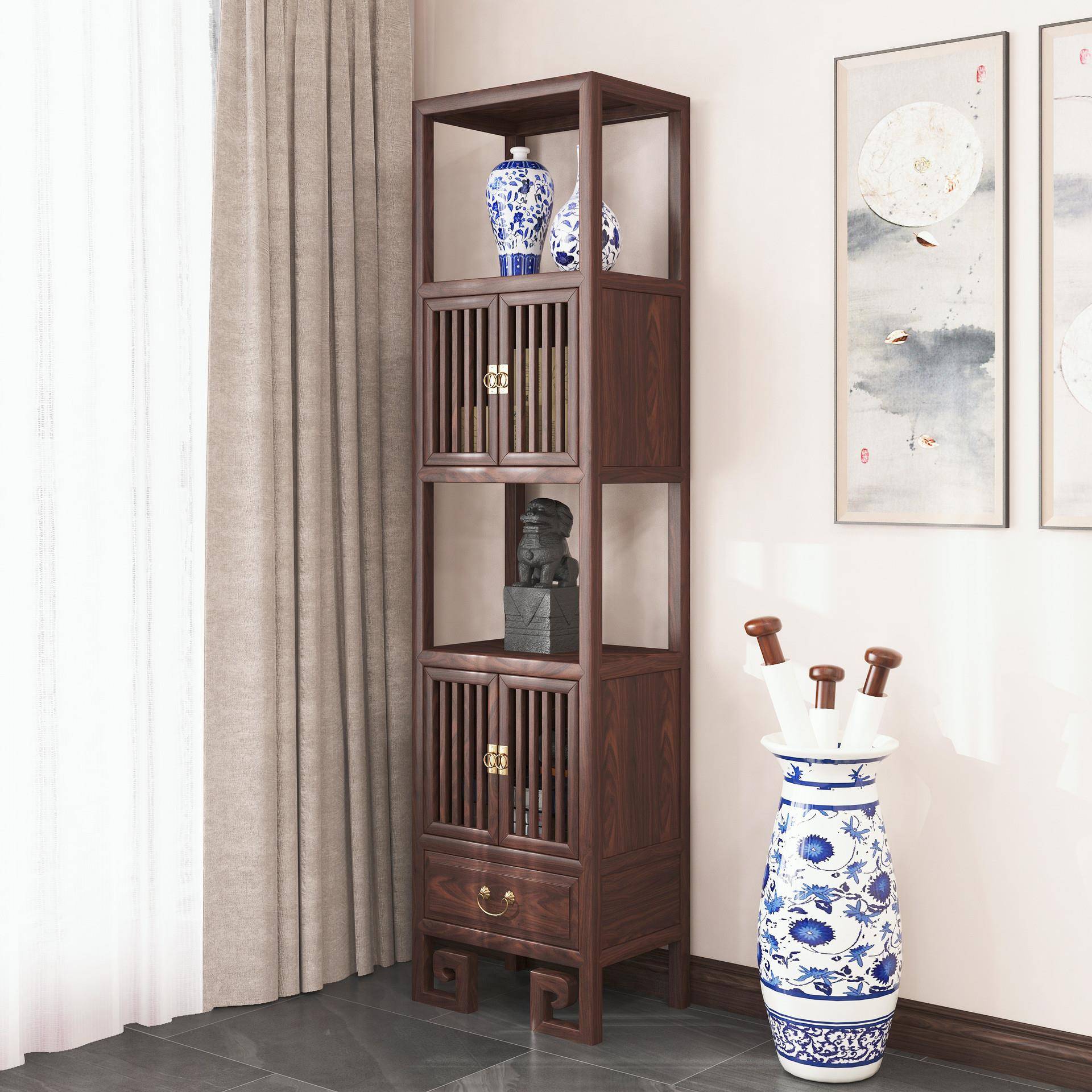 落地新中式胡桃色储物柜置物架柜子带门简约书架书柜实木边柜窄柜