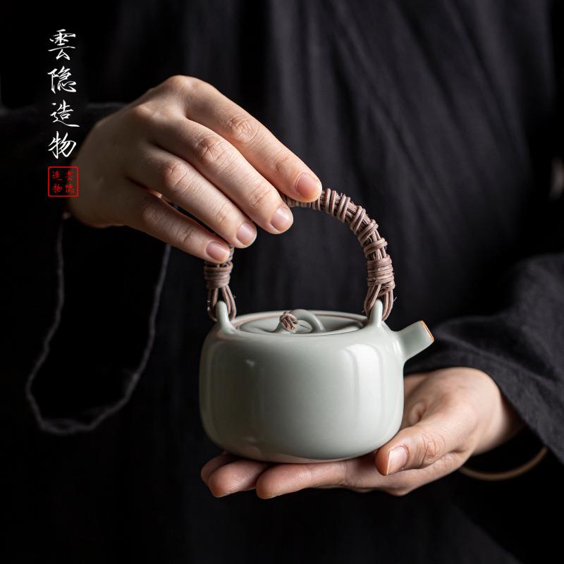 天青汝窑茶壶小号提梁壶藤编开片汝瓷小壶中式泡茶壶冰裂釉复古