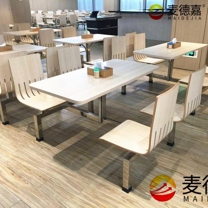 名飞曲木四人连体餐桌椅工厂不锈钢餐桌单位员工食堂餐桌椅组合