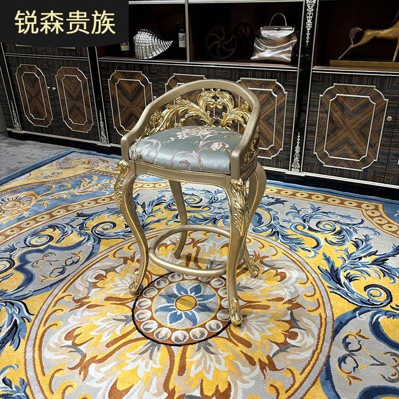 锐森贵族法式布艺吧椅欧式实木雕花高脚椅绣花香槟色吧椅