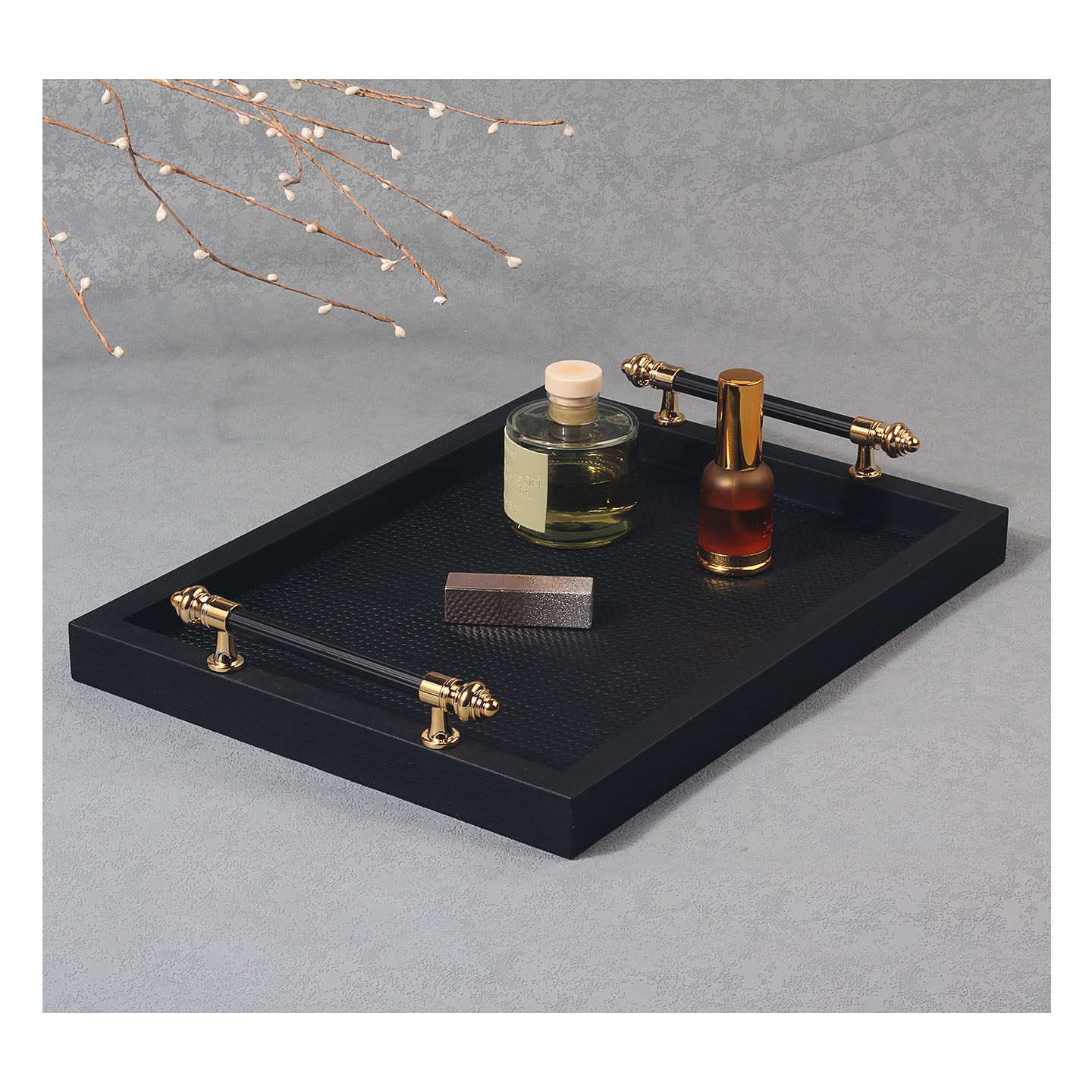 轻奢黑金高级感皮革收纳托盘金属手柄装饰置物盘家用桌面整理拖盘