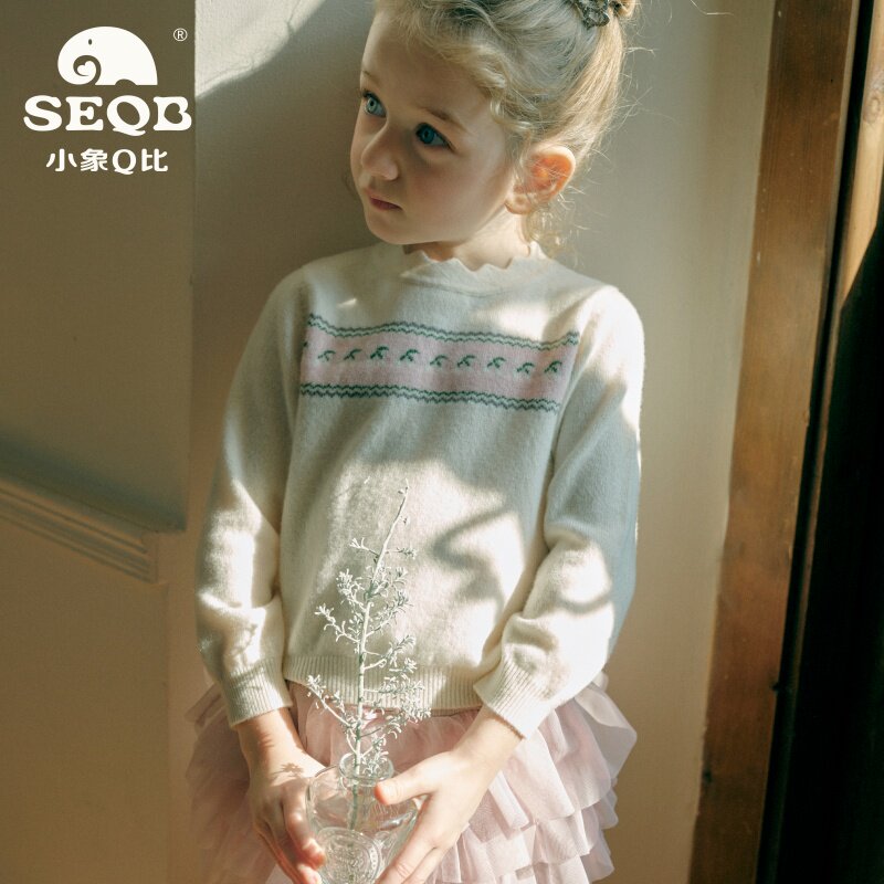 【SEQB小象Q比】秋冬花边领100%绵羊毛毛衣可爱樱桃套头针织衫