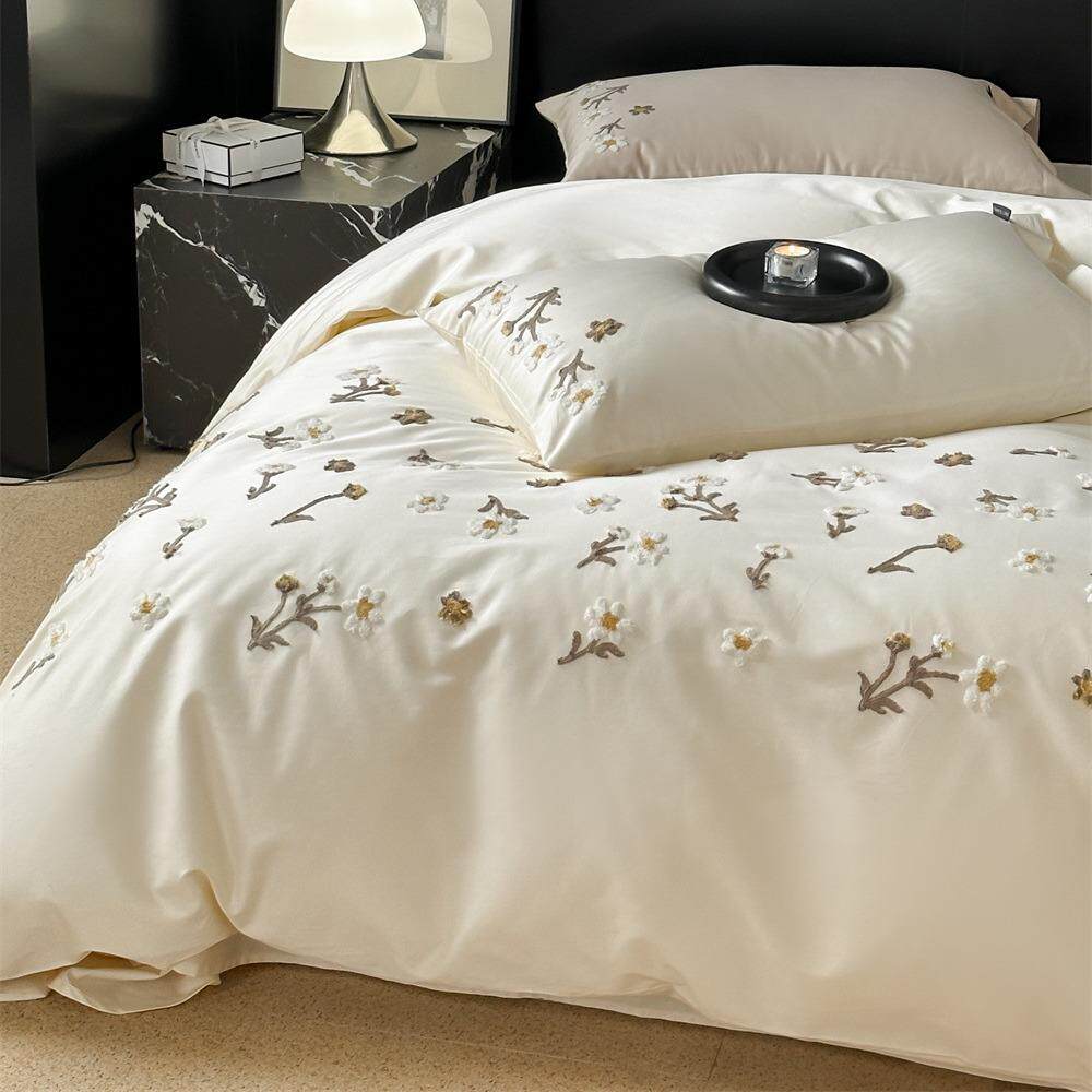 小清新100支贡缎长绒棉四件套轻奢田园风小花毛巾绣纯棉被套床单