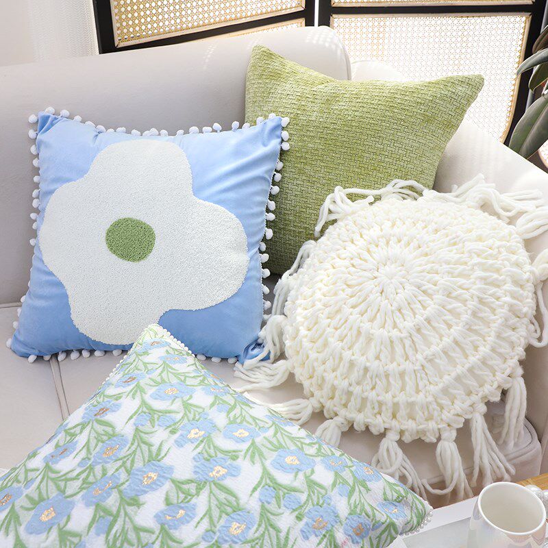ins蓝绿小花抱枕客厅沙发靠垫靠枕卧室床上抱枕套不含芯方枕