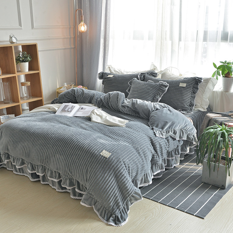 冬季保暖珊瑚绒四件套法莱绒被套水晶绒床裙床上公主风简约家纺