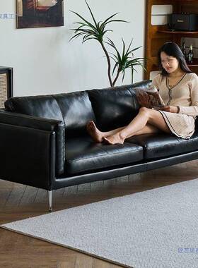 意复式轻奢古简黑色皮艺沙客厅小户型PZG约复古风油蜡皮直排双三