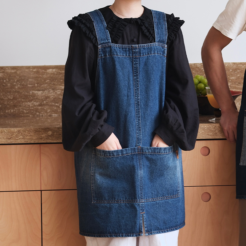 molingtalk 牛仔围裙 厨房家用个性防污围裙咖啡店面包房工作套件