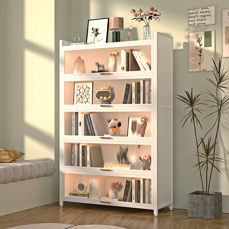 钢制家用书柜带门儿童书架客厅防尘储物柜铁艺收纳展示翻门置物柜