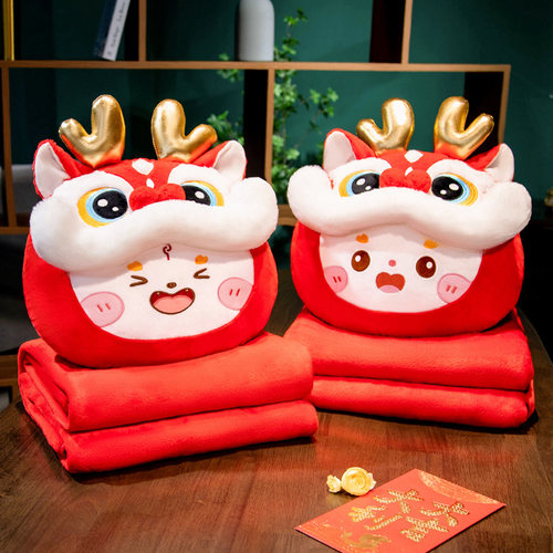 2024龙年吉祥物抱枕被子两用毯子二合一办公室午睡枕头靠枕醒狮龙