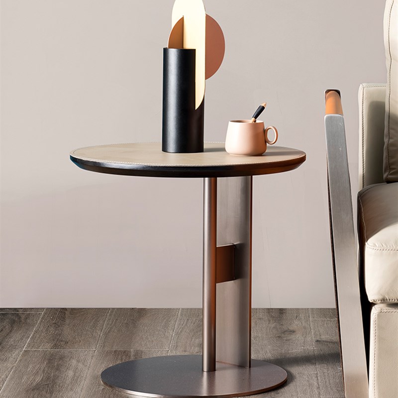 现代轻奢圆形边几意式极简马鞍皮不锈钢设计师实木阳台边桌小茶几