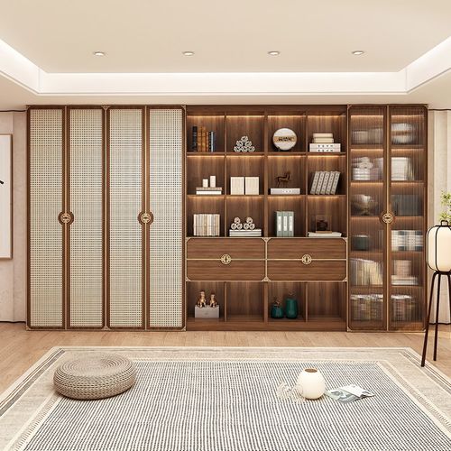 轻奢实木书柜一体家用整墙去客厅化复古玻璃门展示柜到顶高柜定制