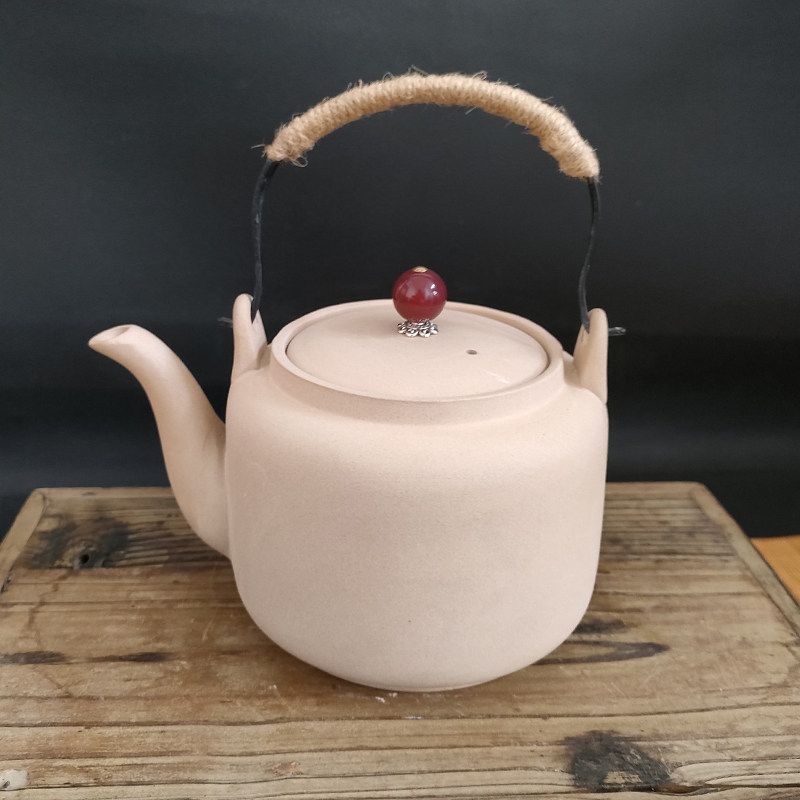 600ml围炉碳火烤煮茶壶单个温茶泡茶壶防烫手提梁壶粗陶白泥复古