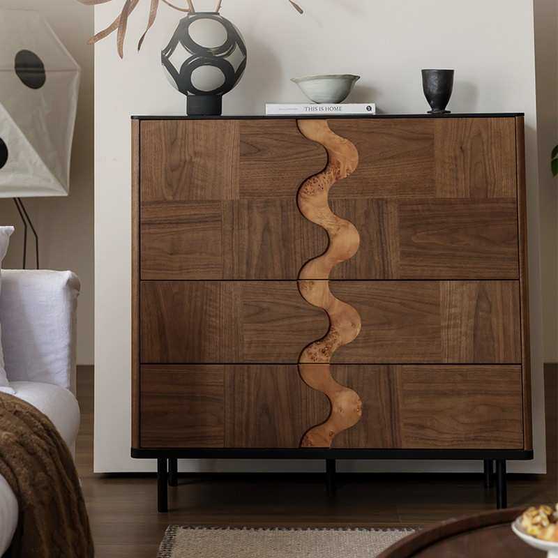 法式中古实木斗柜美式复古胡桃色拼色收纳餐边柜树瘤皮靠墙储物柜